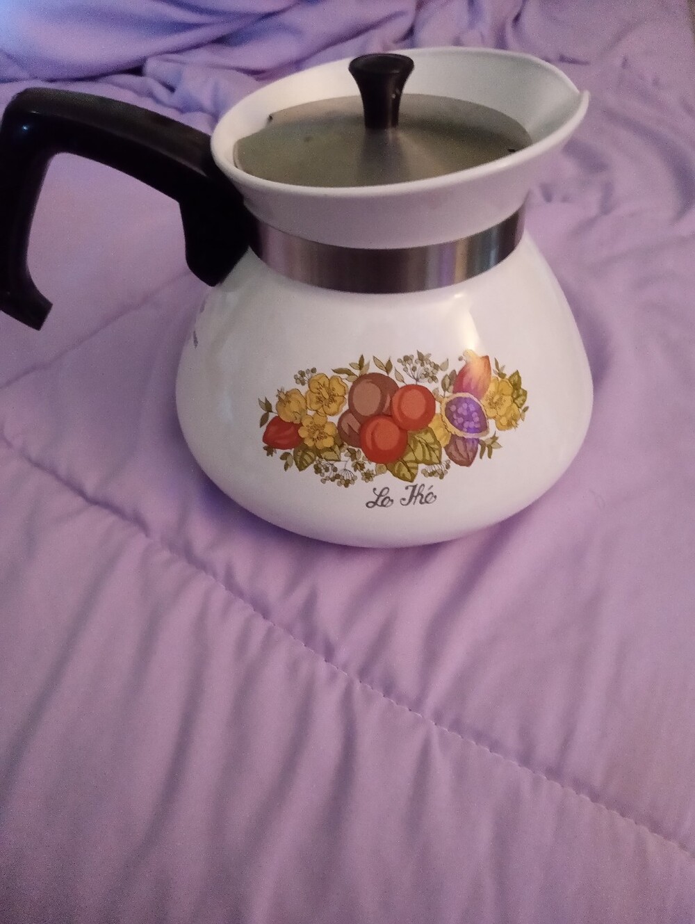 Corningware 1960's White Floral Stovetop 6 Cup Tea Pot with Black Handle